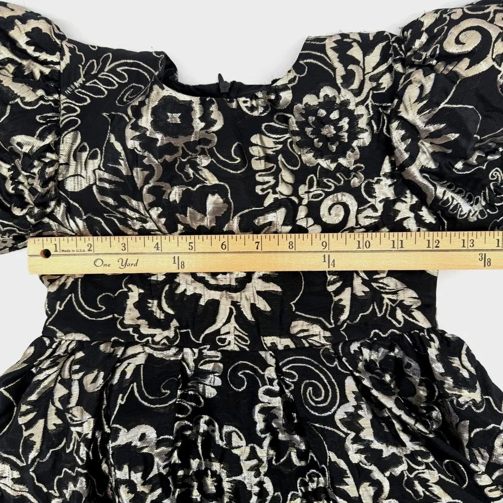 Girls Size 6 Dress Black Gold Silver Brocade Floral Puff Sleeve Holiday Party